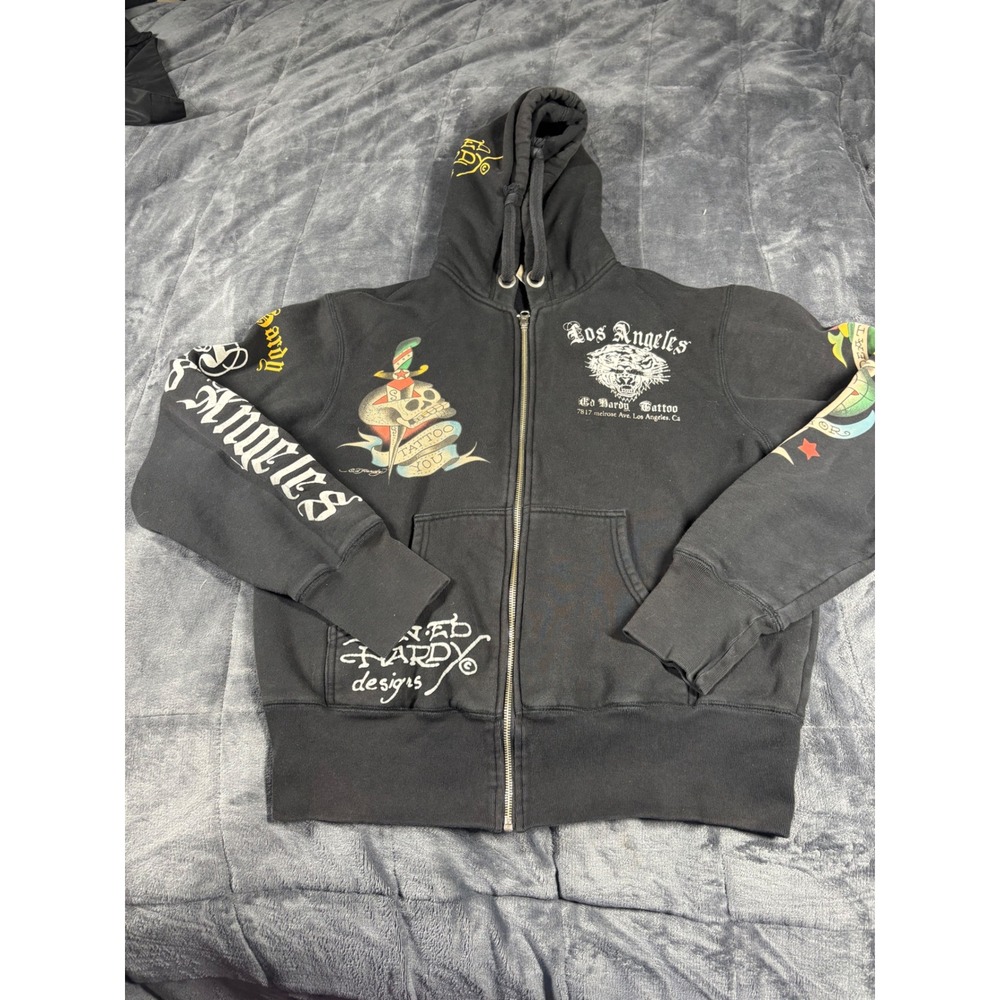 Ed Hardy Mens Black Tattoo Graphic Zip Up Hoodie Los Angeles Tiger Skull Size M